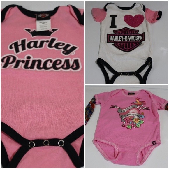 Harley Davidson Baby Girl Body Suits Lot of 3 Tattoo Arm Pink I Love Harley 3-6